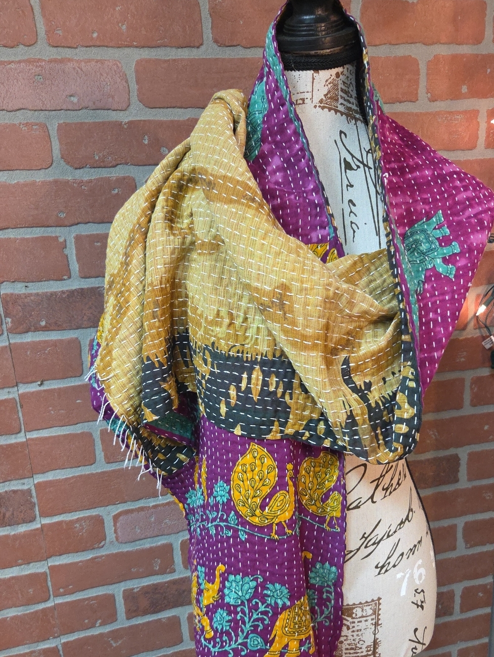 Reversible Kantha Elephants/Peacocks!!! Scarf/Table Runner and More #19